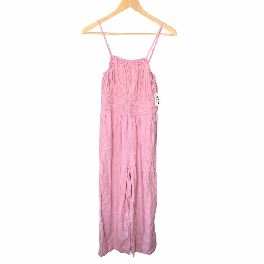 NWT Old Navy Linen Blend Gathered Smocked Sleeveless Baby Pink Jumpsuit - Picture 2 of 13